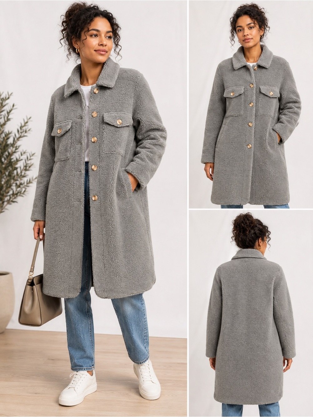Rebecca Minkoff Teddy Sherpa Long Coat Gray Size L